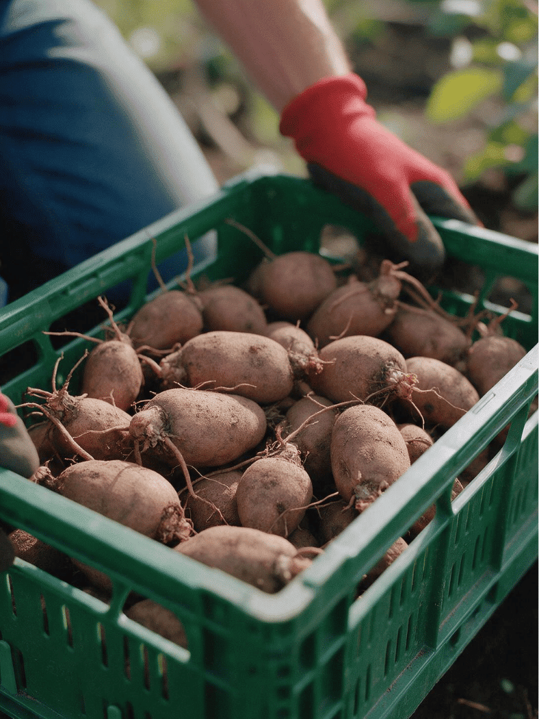 Dahlia tubers placed in a crate for storage after digging and cleaning.