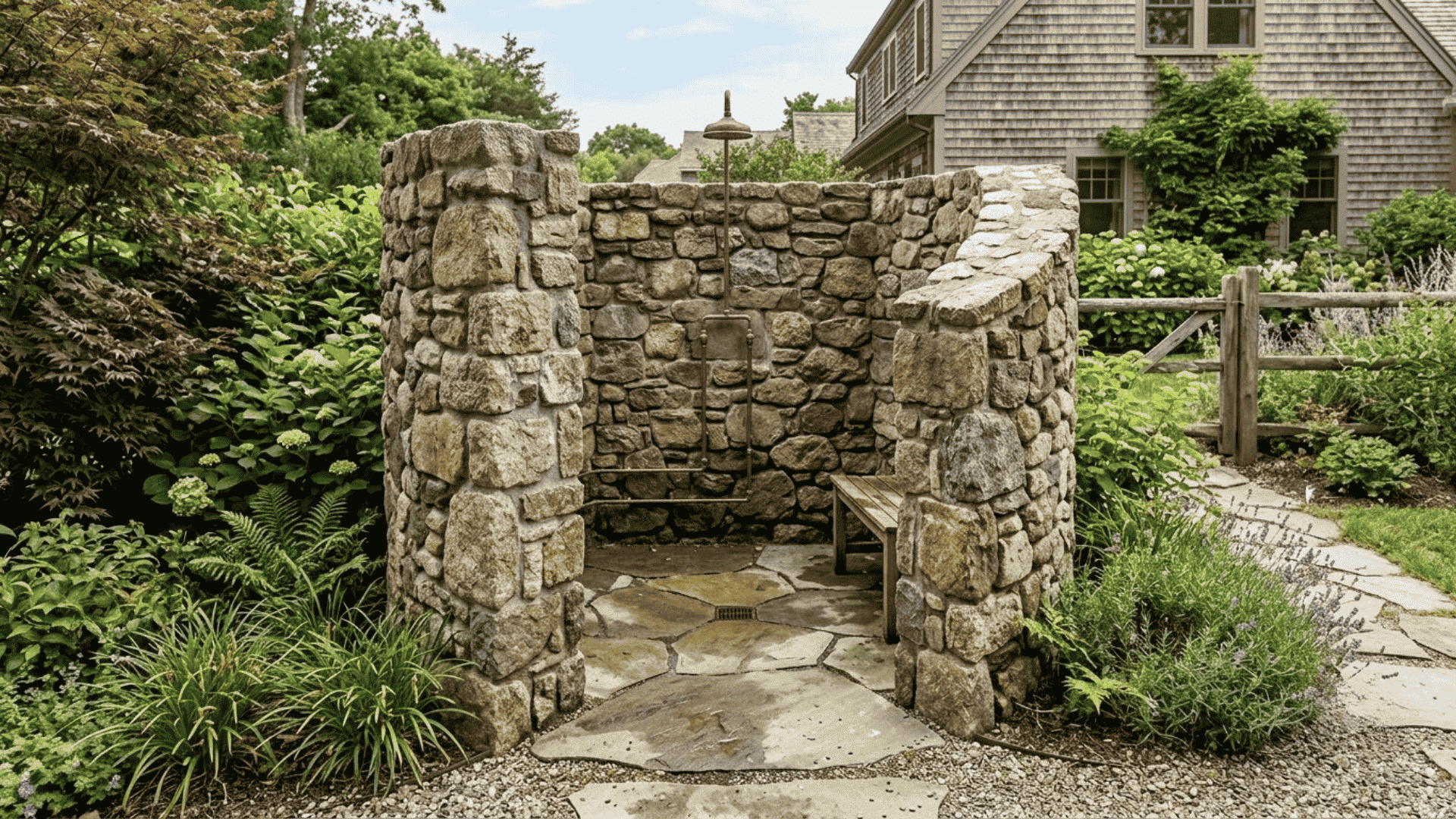 Stone masonry outdoor shower enclosure with rustic rock walls, garden plants, stone flooring, and wooden bench seating