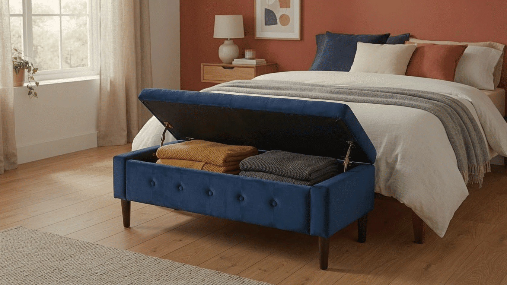 Storage bench and ottoman seating combine comfort with hidden compartments for blankets, shoes, and seasonal bedroom items.