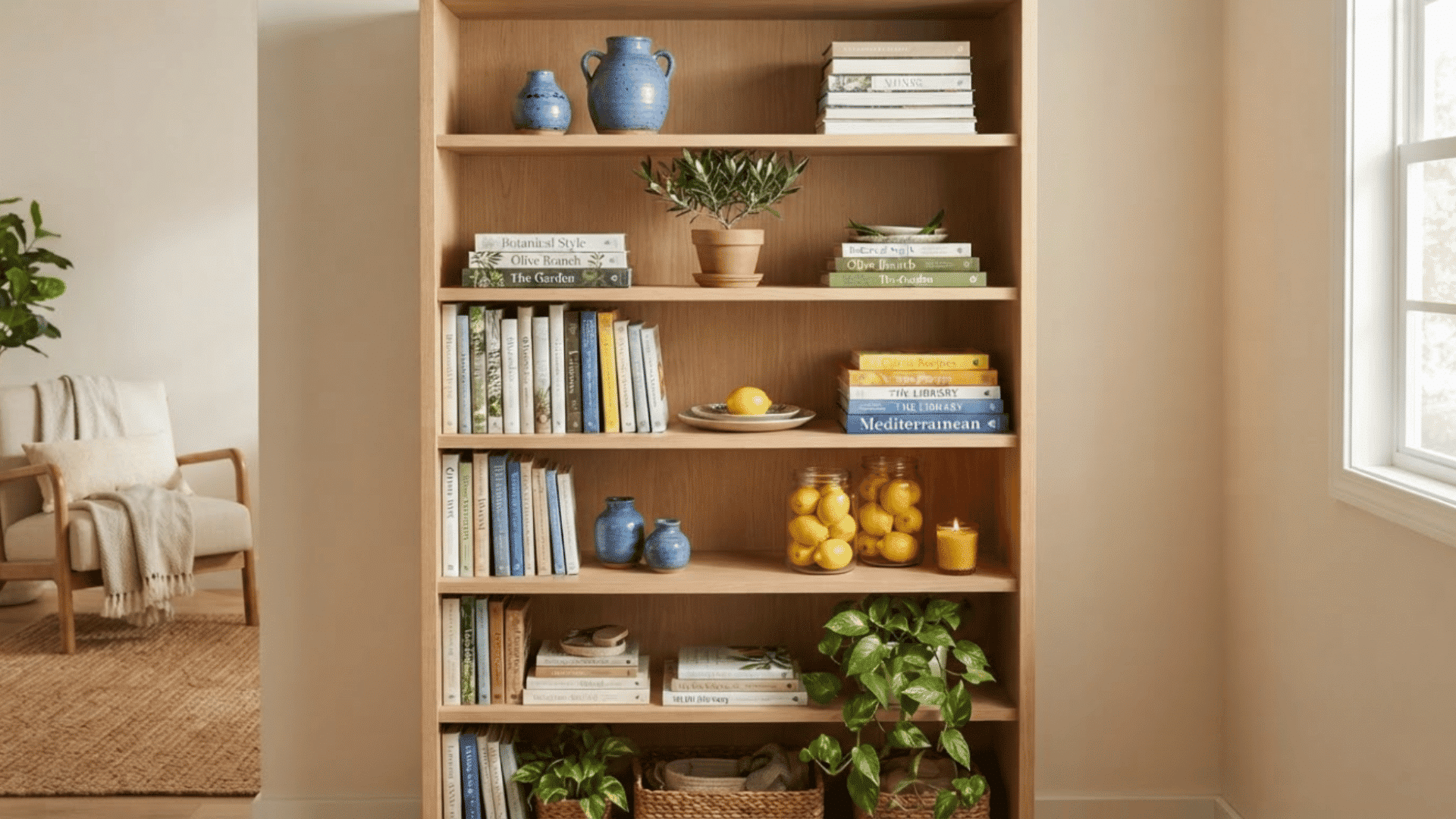 Stylish wooden bookshelf with books, plants, pottery, baskets, and decorative objects