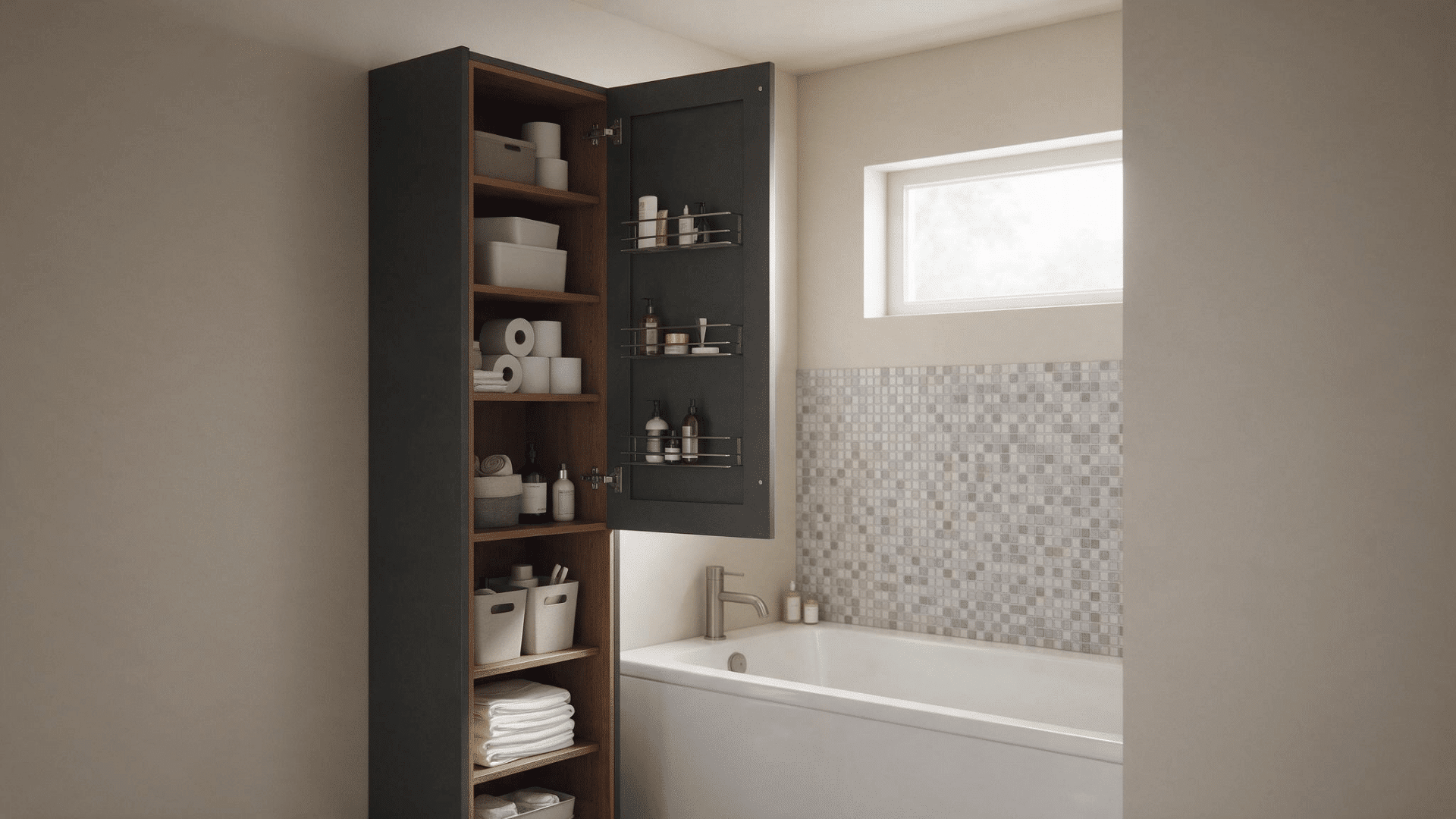 tall bathroom cabinet with door-mounted racks storing toiletries beside a bathtub