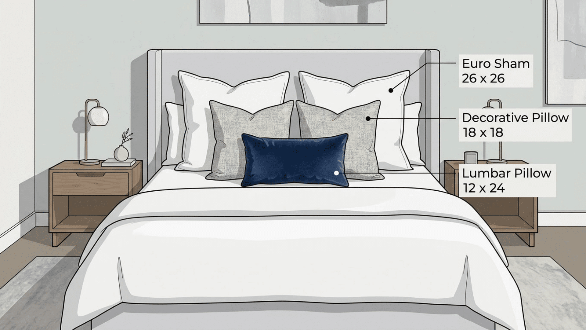 symmetrical bed pillow arrangement with Euro shams, decorative pillows, and a lumbar pillow