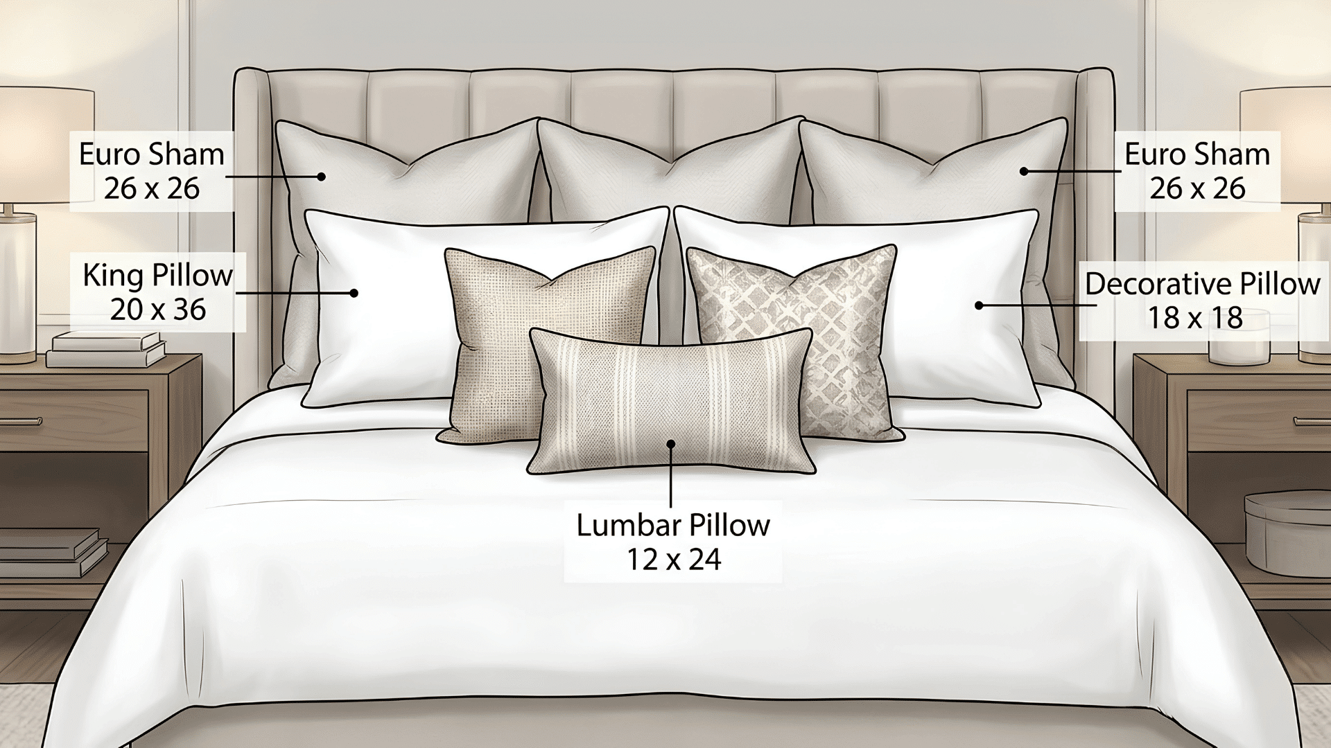 three-layer bed pillow arrangement with Euro shams, king pillows, decorative pillows, and lumbar pillow sizes