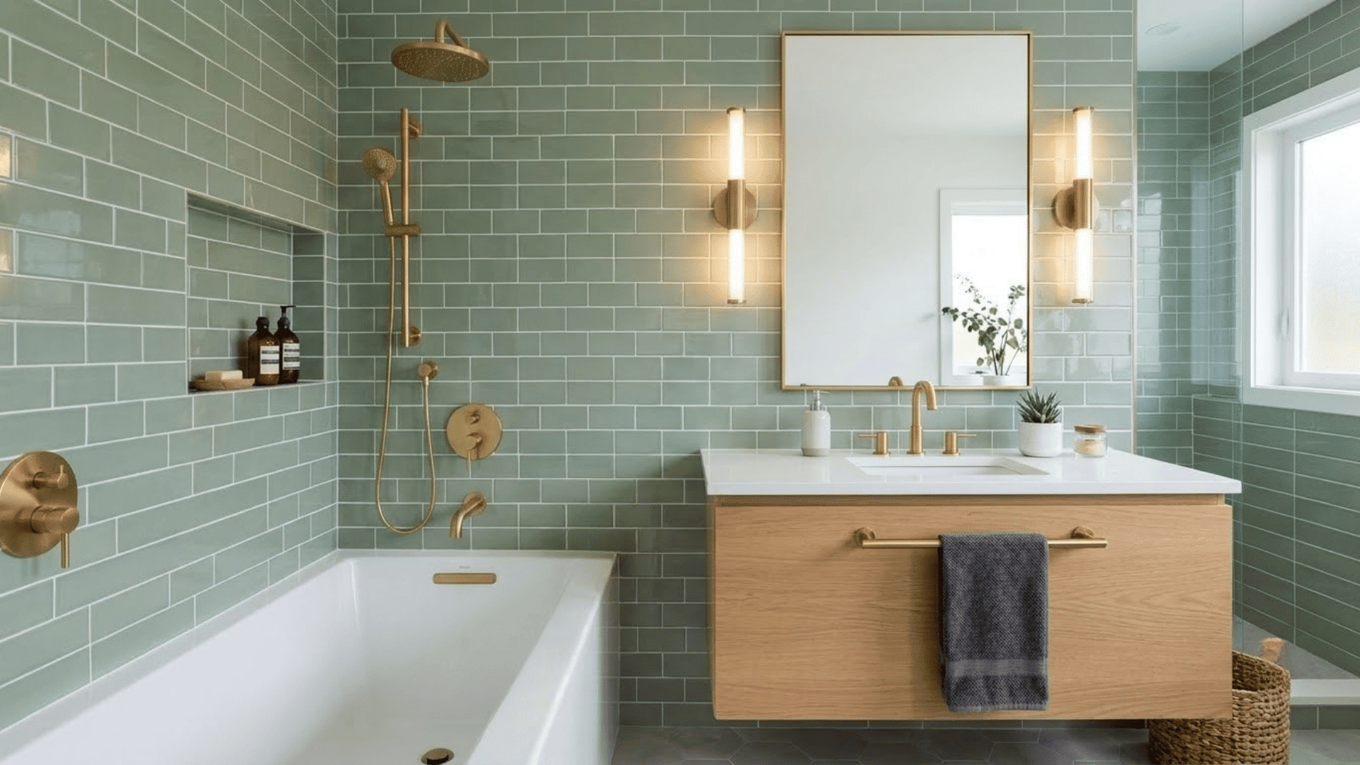modern bathroom with green tile walls, white bathtub, floating wood vanity with towel bar