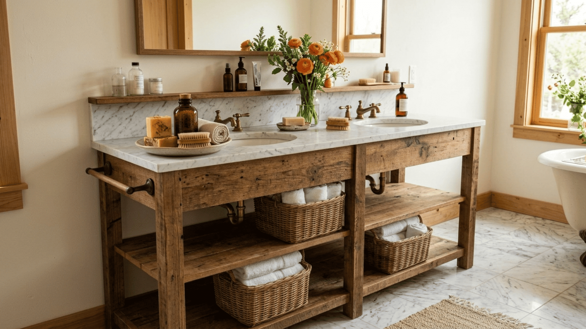 rustic wooden bathroom vanity with open shelves, wicker baskets, folded towels, and a marble countertop