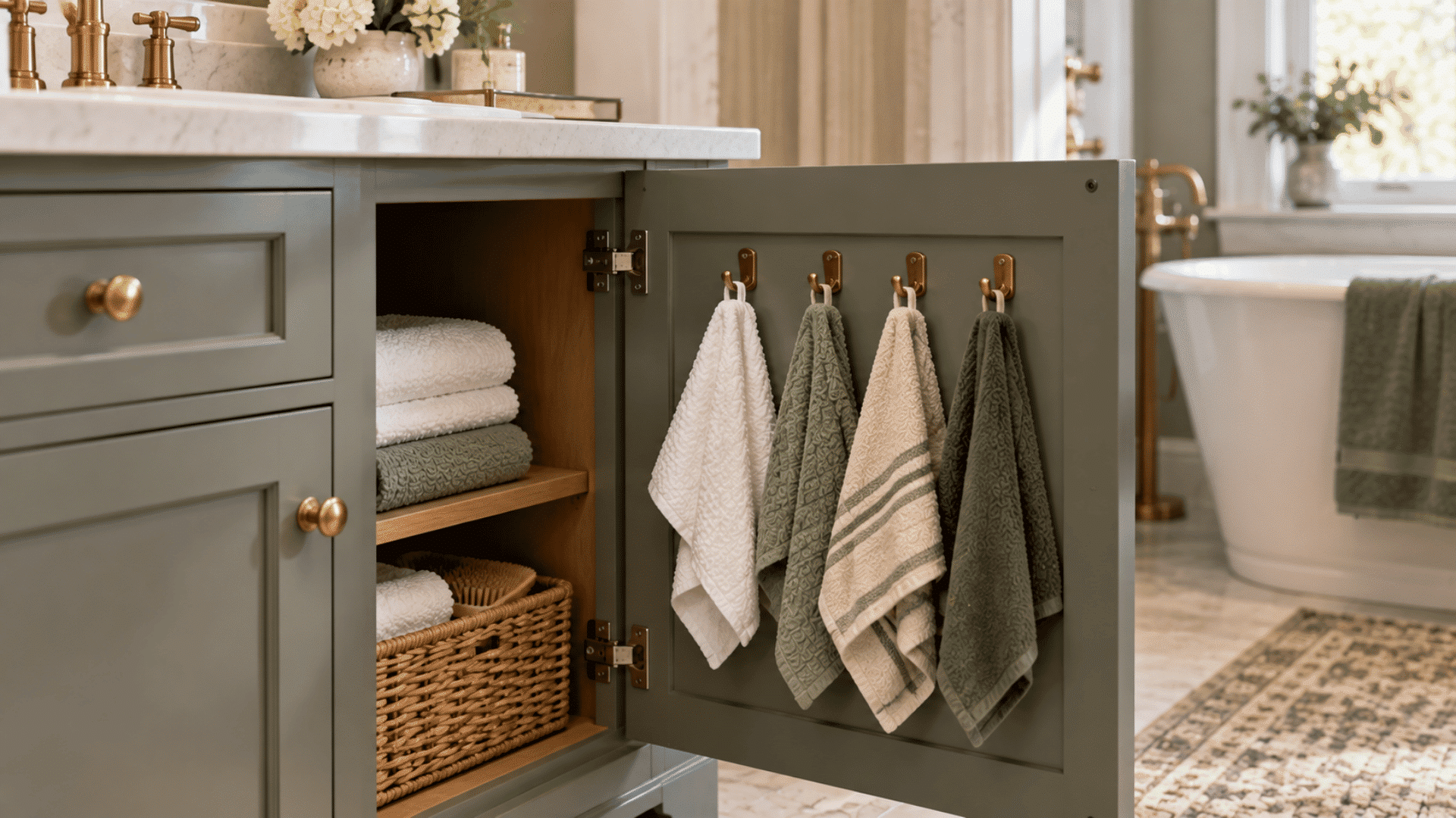 cabinet door hooks holding green and white hand towels beside shelves with folded towels and a wicker basket