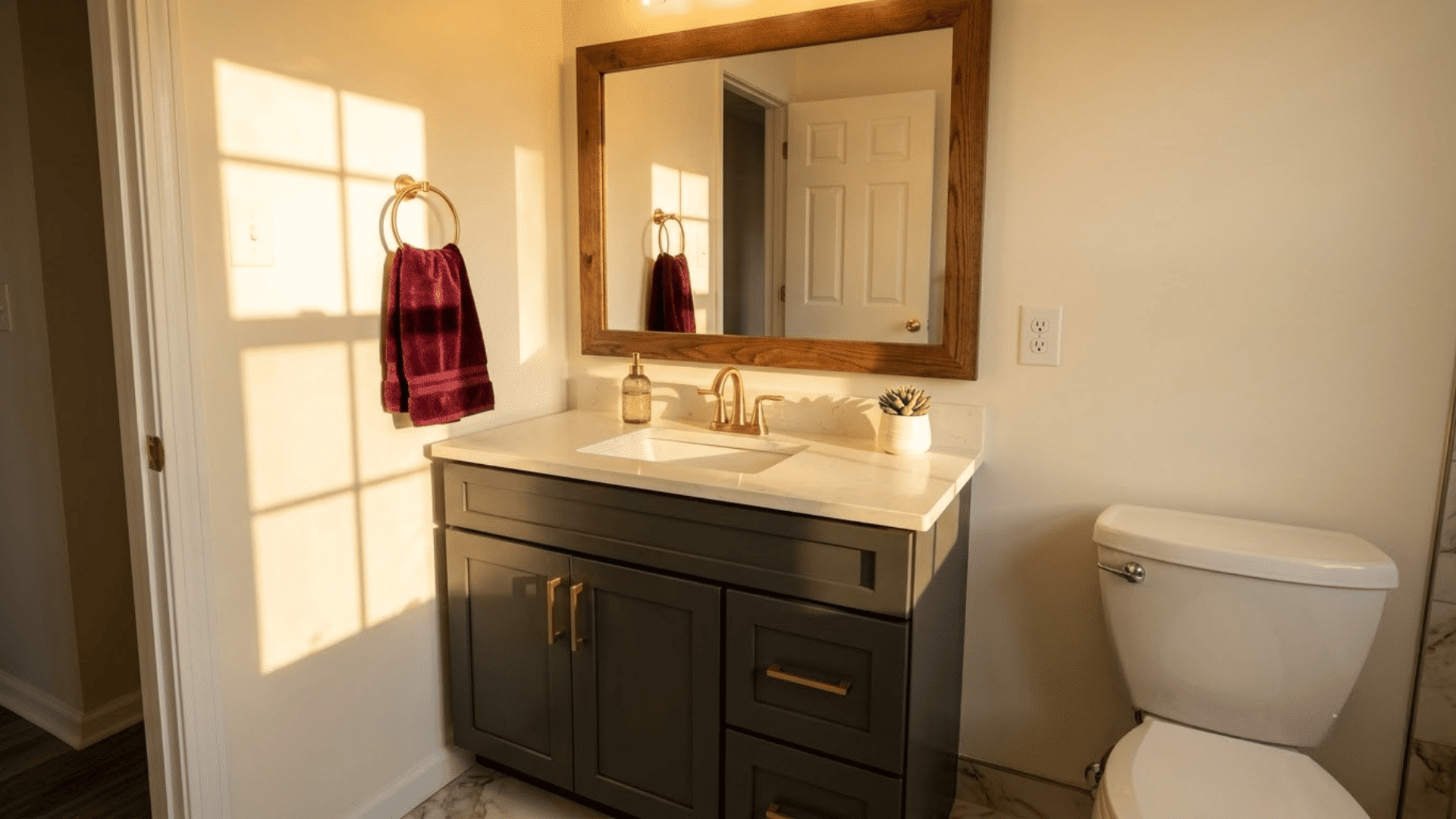bathroom vanity with wood-framed mirror, burgundy hand towel, dark cabinet, and white toilet in warm sunlight