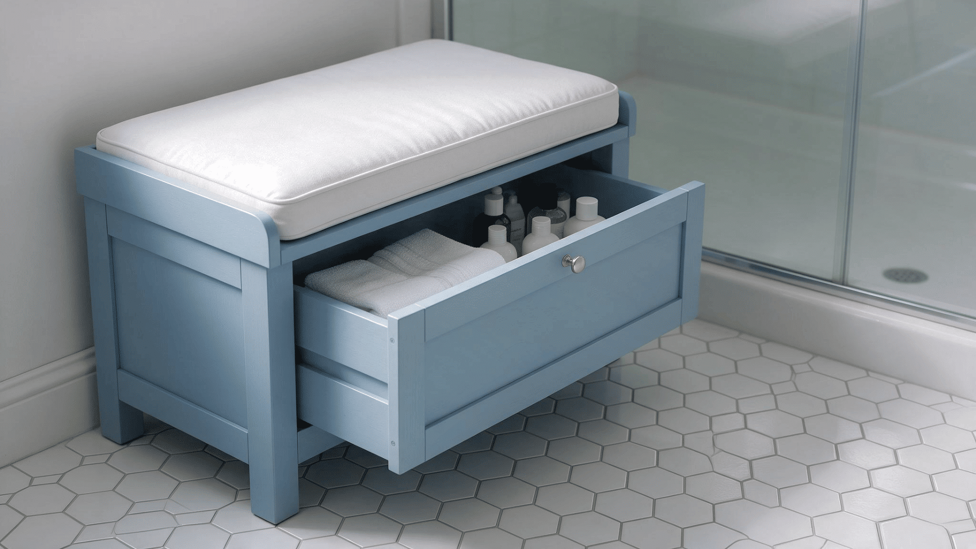 blue bathroom storage bench with an open drawer holding folded towels and toiletries beside a glass shower