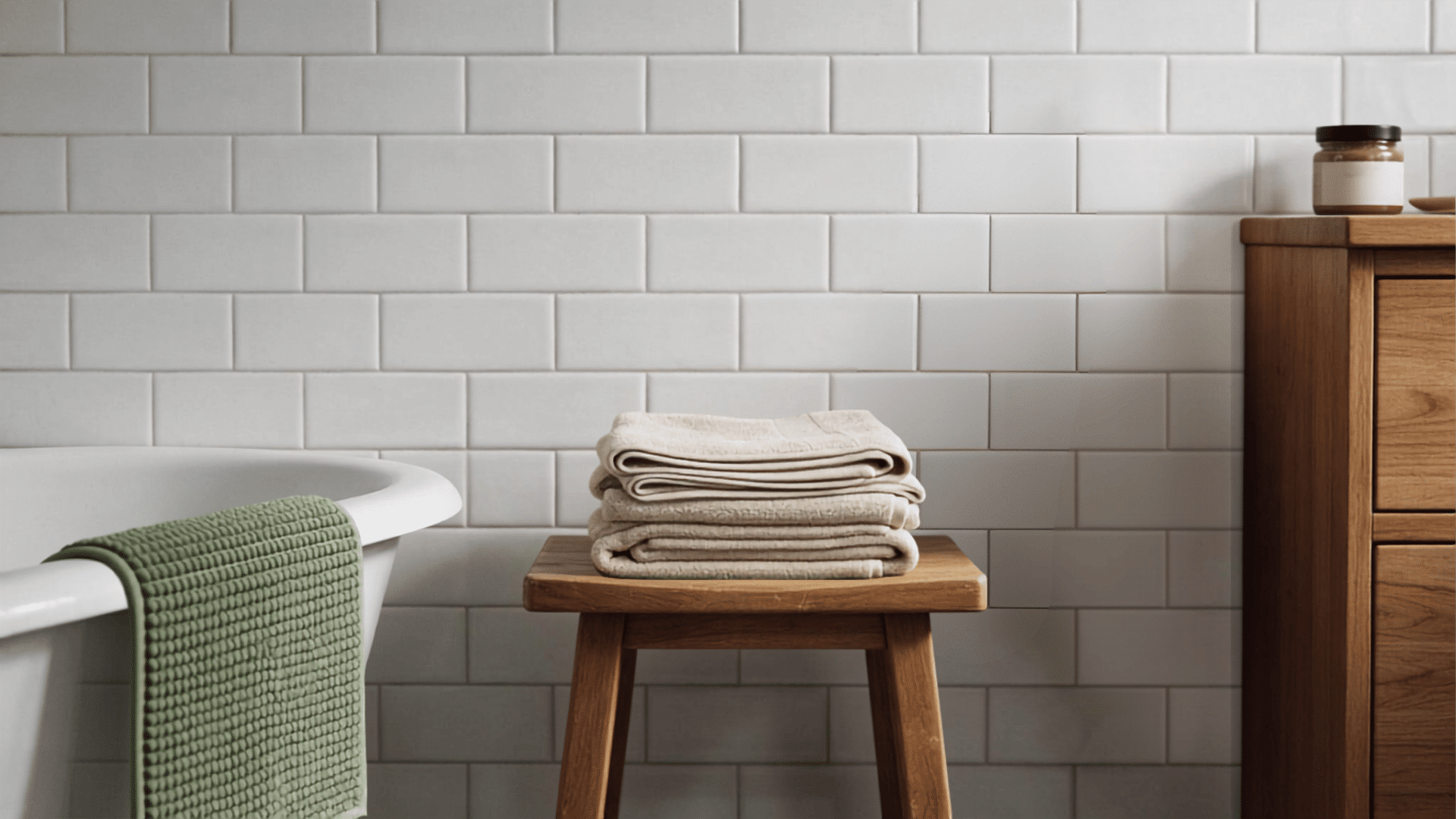 wooden bath stool holding neatly folded neutral towels beside a bathtub with a green towel