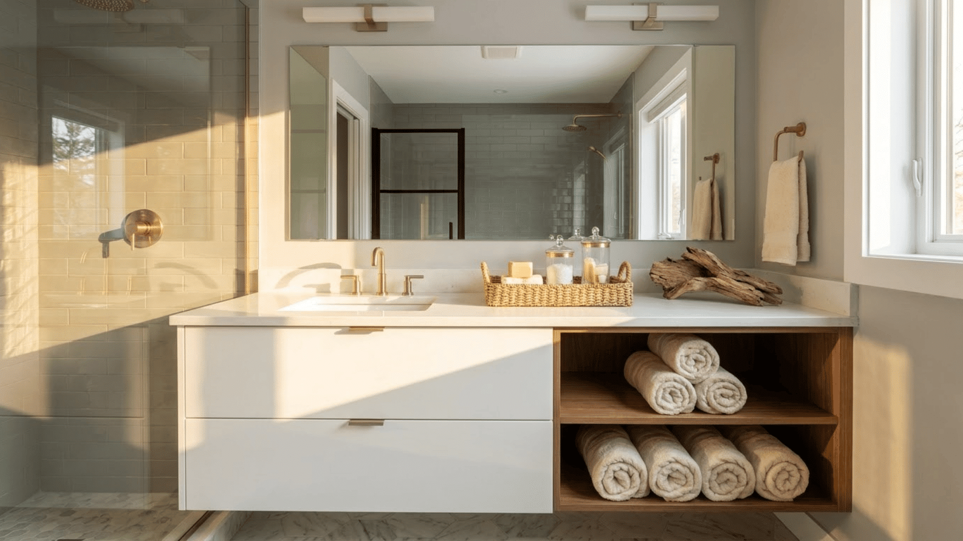 open vanity shelves with neatly rolled white towels in a bright modern bathroom