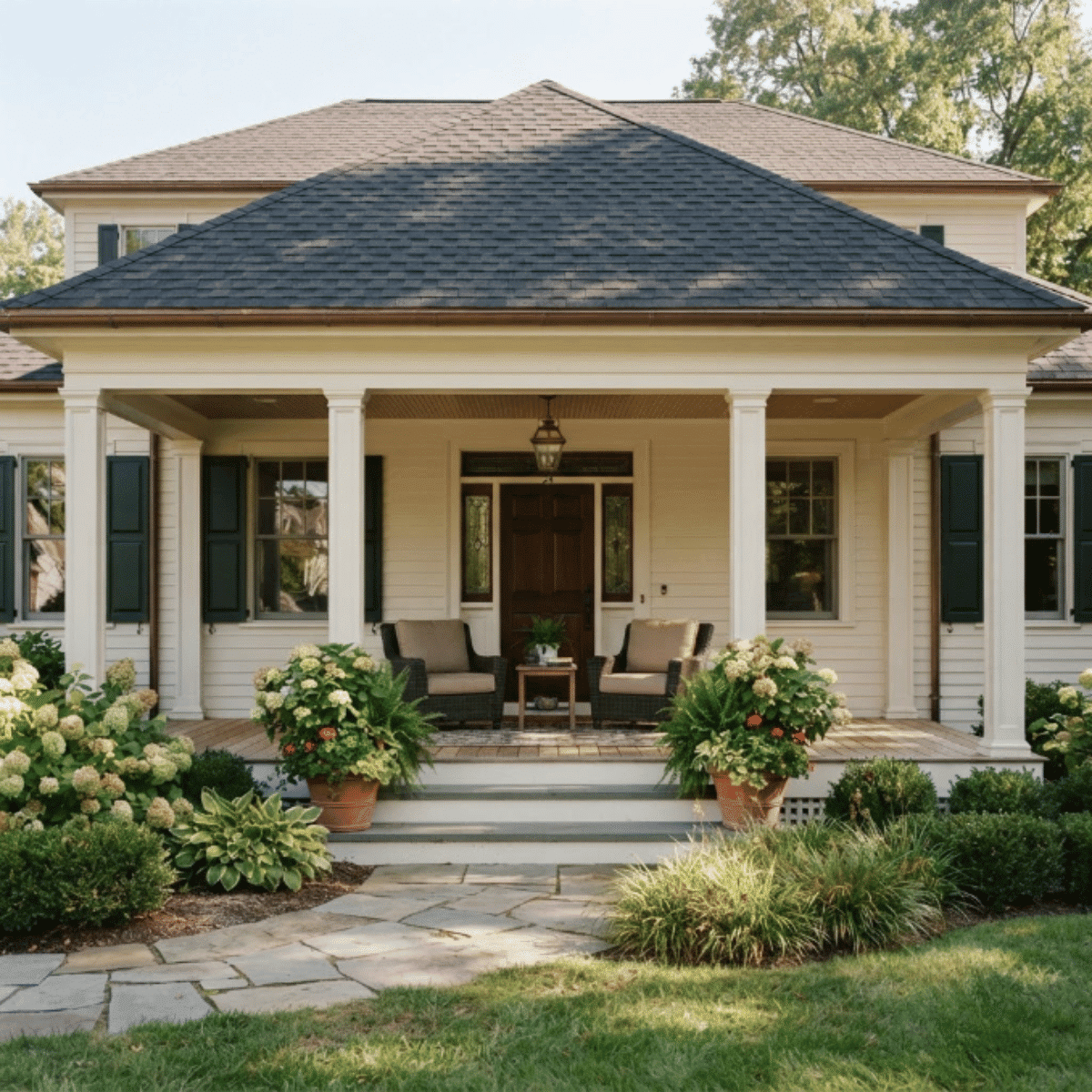 Hip roof covered porch with symmetrical columns and traditional outdoor seating