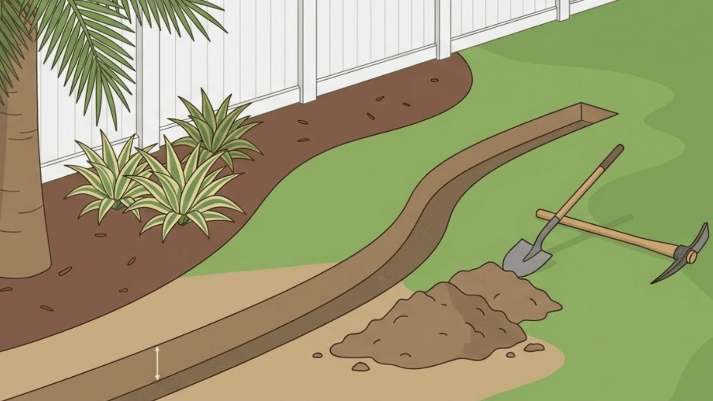Foundation trench excavated along the curved retaining wall location beside a palm tree