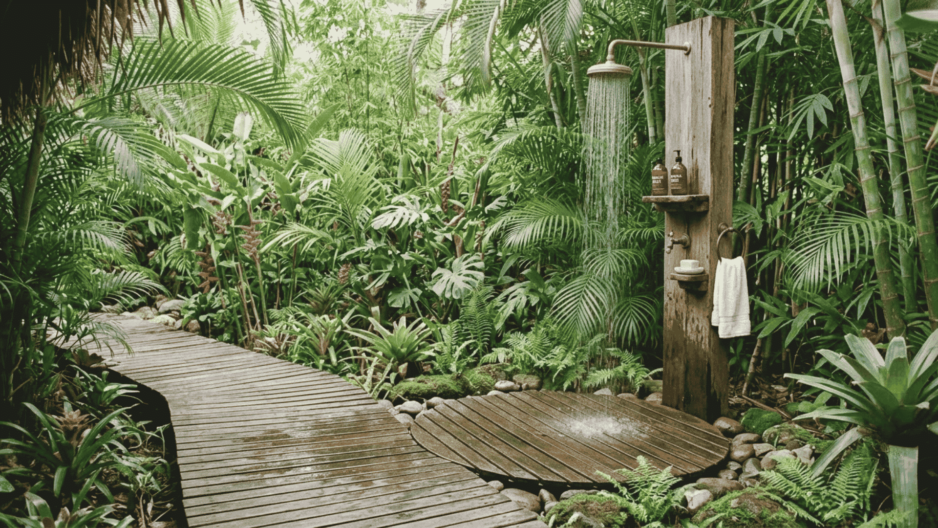 An outdoor shower with cascading water, a wooden platform, tropical foliage, bamboo plants, and a natural forest garden setting