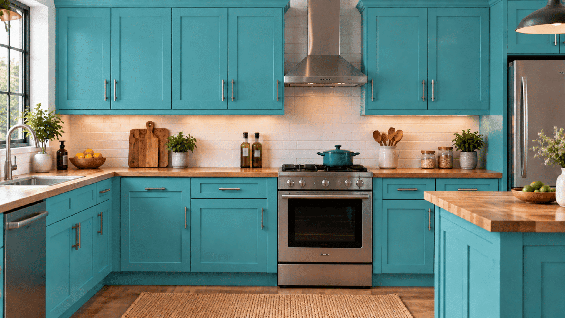 turquoise shaker cabinets with wood countertops, stainless oven, sink, and kitchen island in a furnished kitchen setup