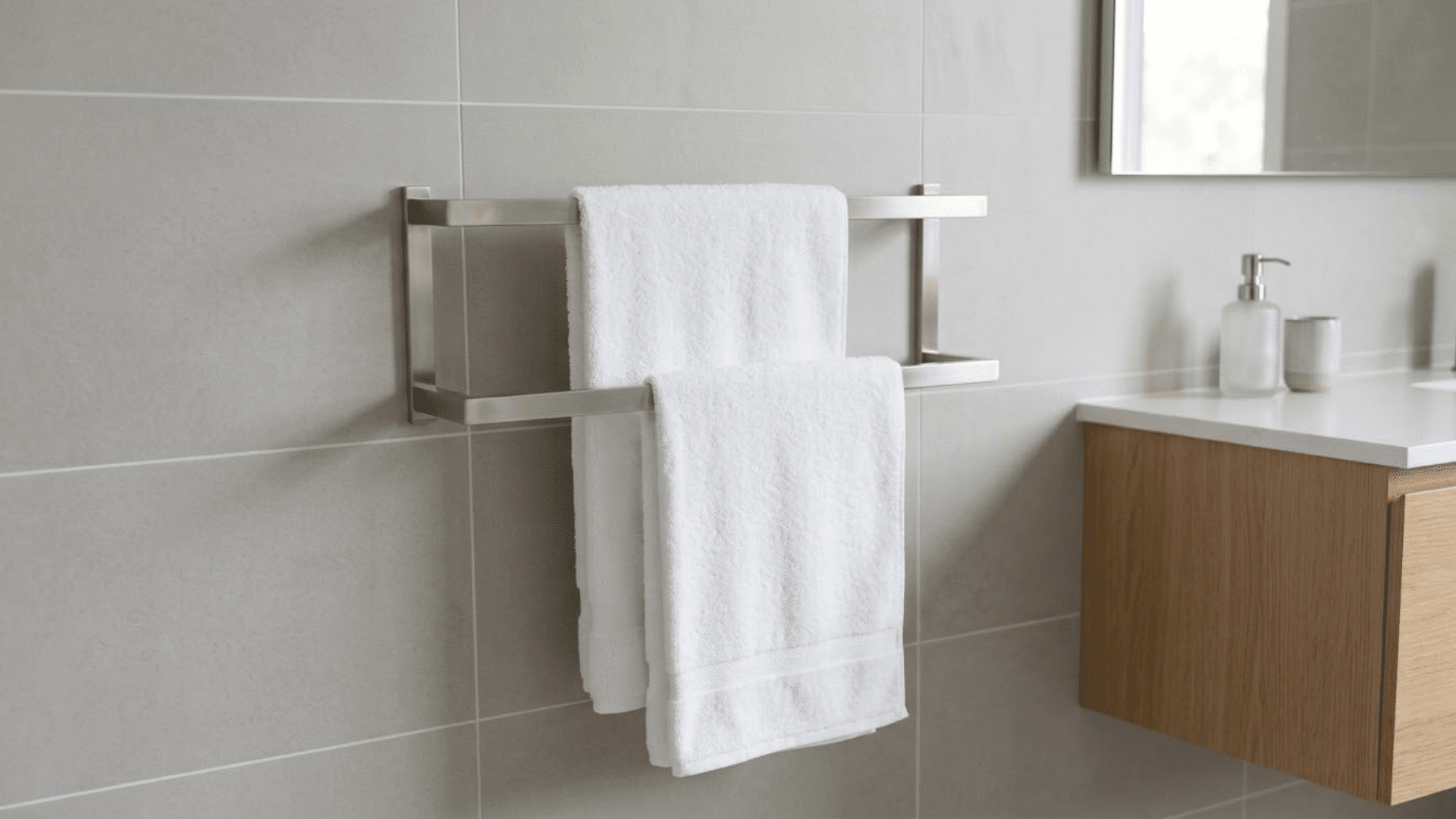 two-tier wall-mounted towel bar holding white towels beside a floating wooden bathroom vanity