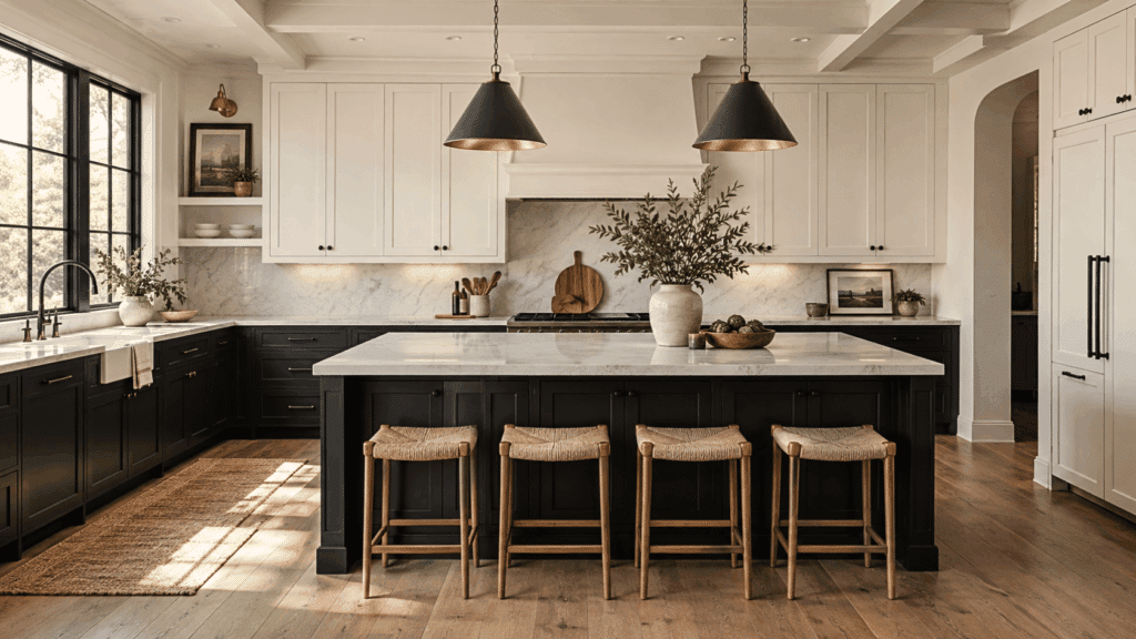 Bright modern kitchen with two tone kitchen cabinets, white uppers, black lowers, marble island, wood stools, and plants.