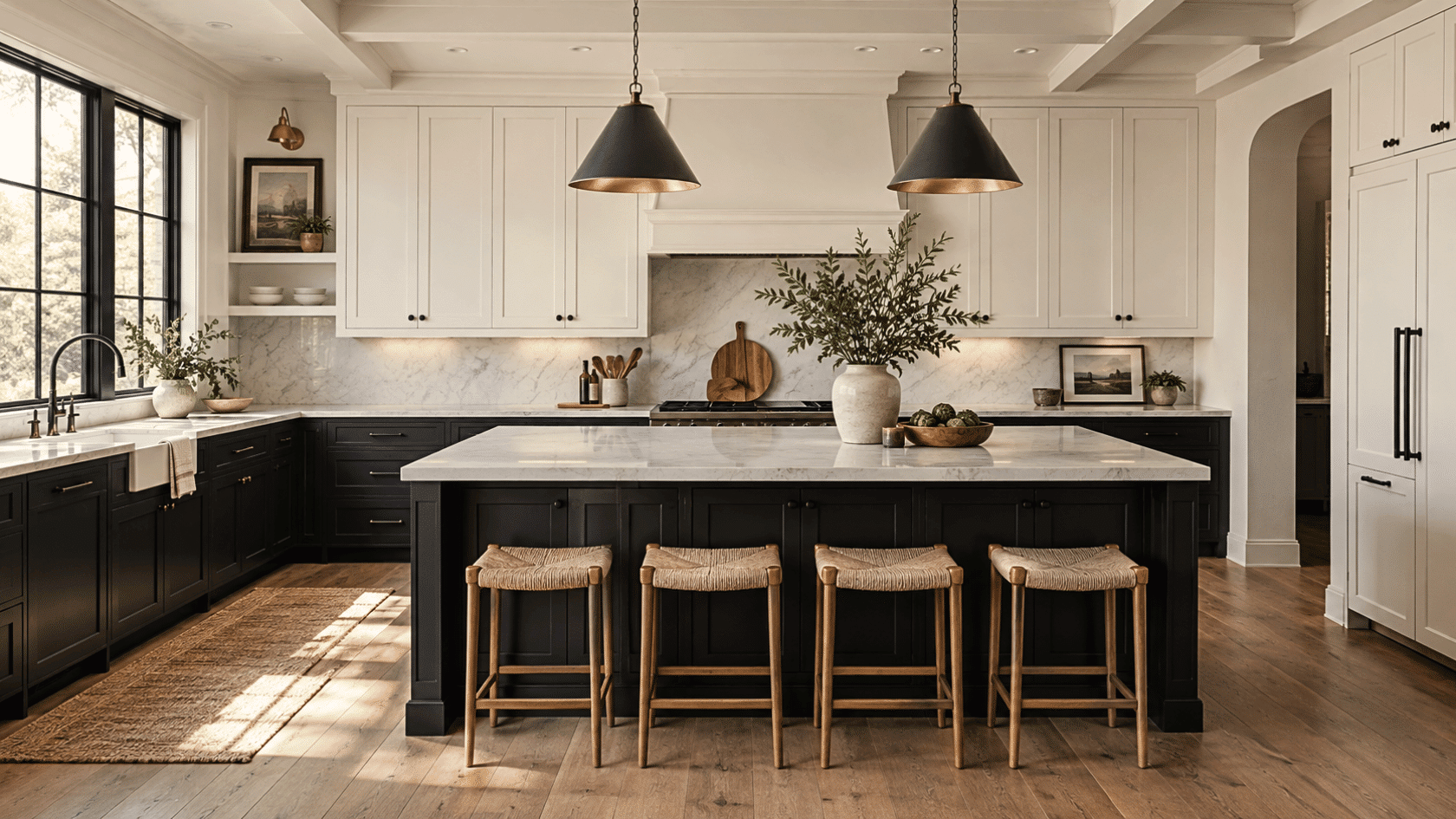 Bright modern kitchen with two tone kitchen cabinets, white uppers, black lowers, marble island, wood stools, and plants.