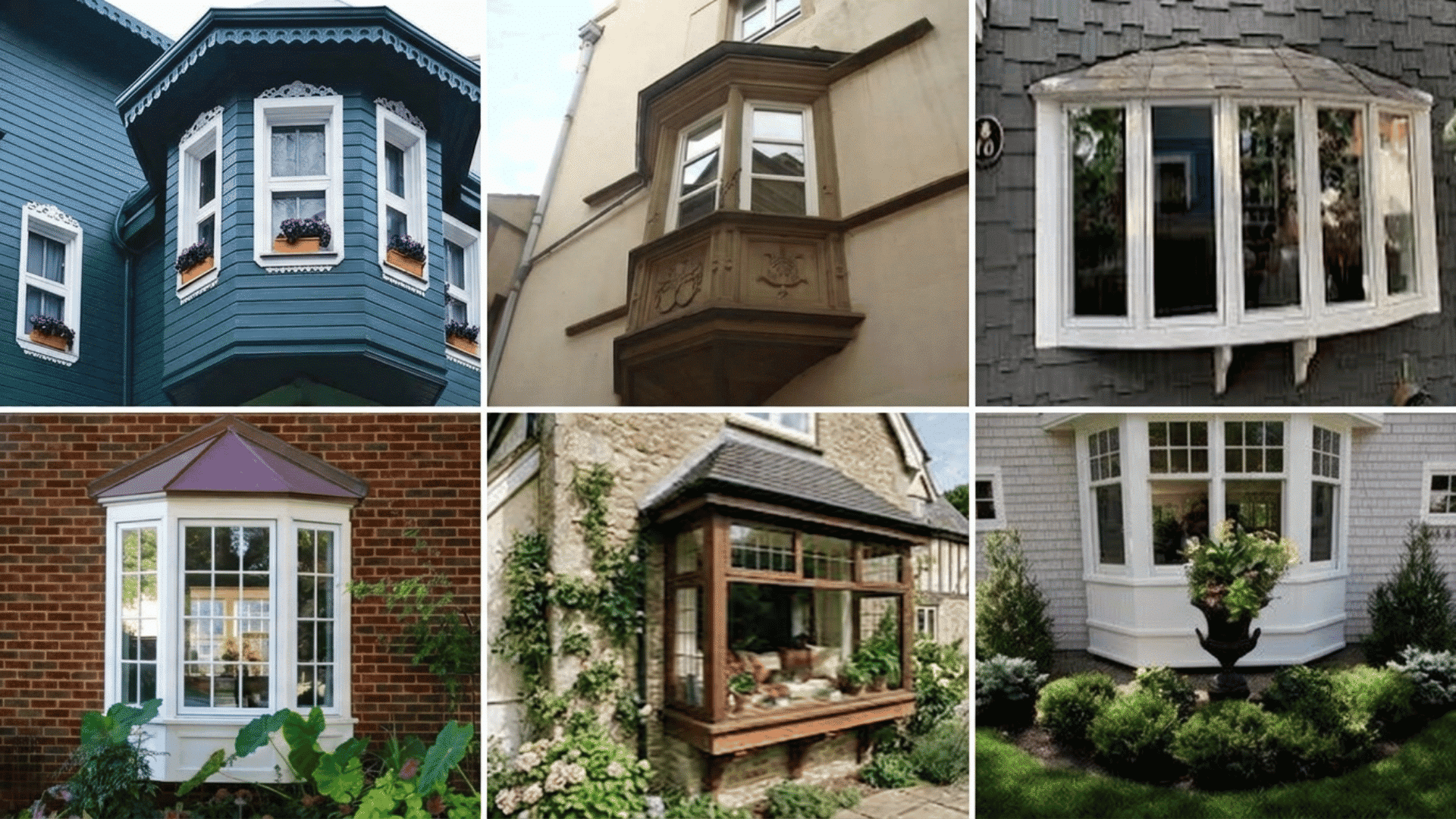 collage showing different types of bay windows on residential homes with varied architectural styles