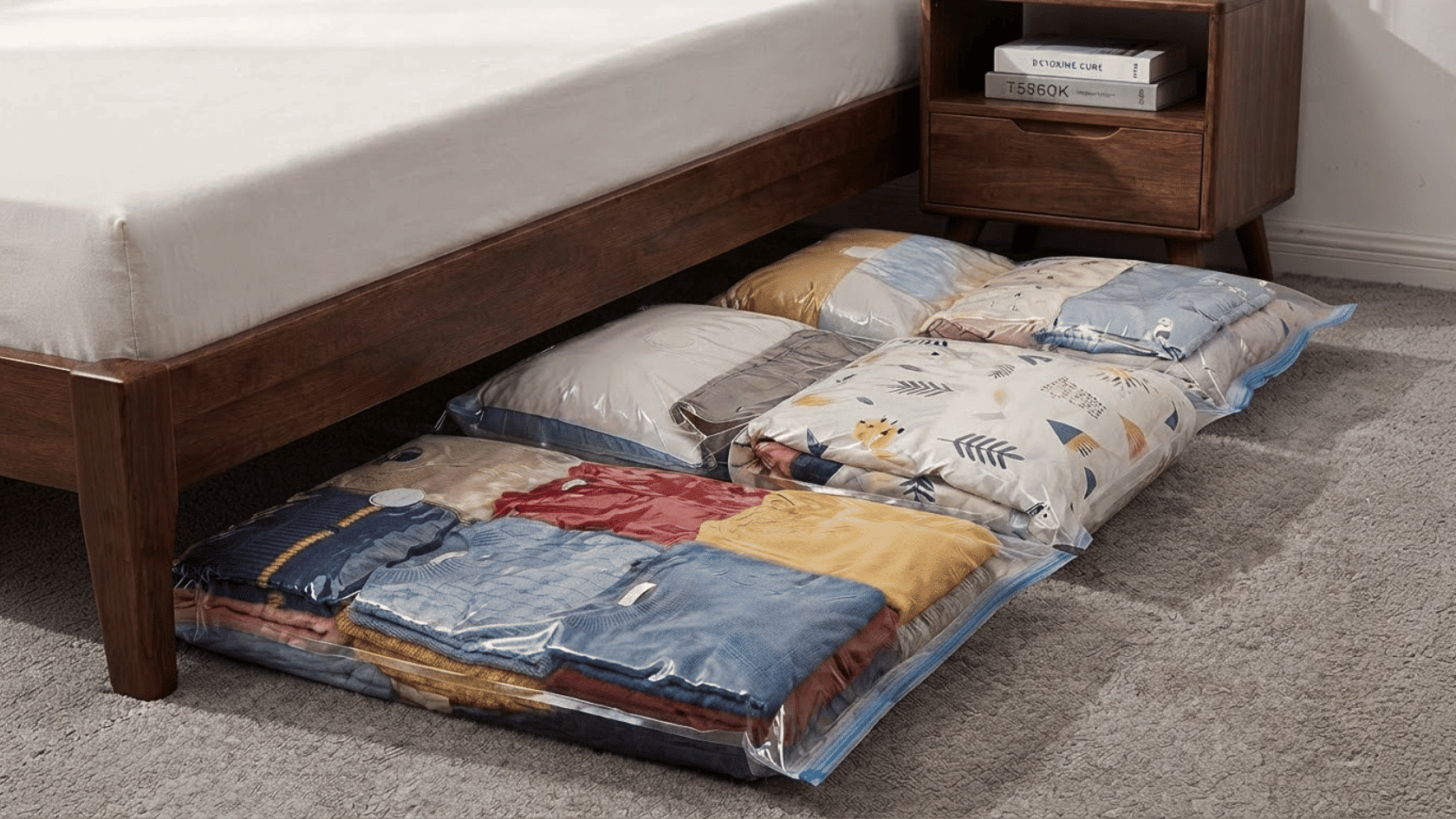 Under bed vacuum storage bags compress seasonal items and create space-saving organization beneath bedroom furniture.