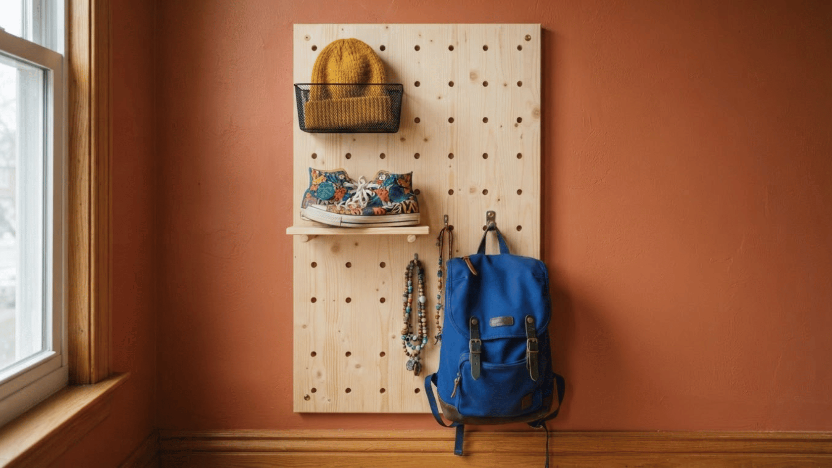 Vertical pegboard wall storage creates flexible organization for bags, jewelry, hats, and clothing in compact bedrooms.