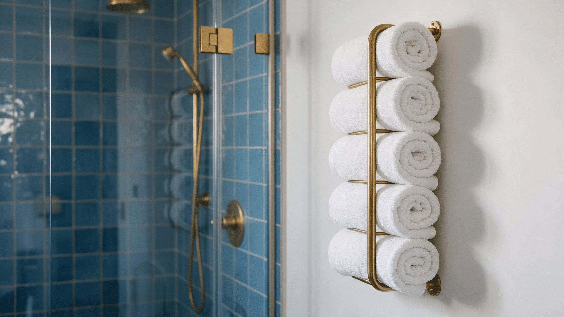 wall-mounted brass towel rack holding five rolled white towels beside a blue-tiled glass shower