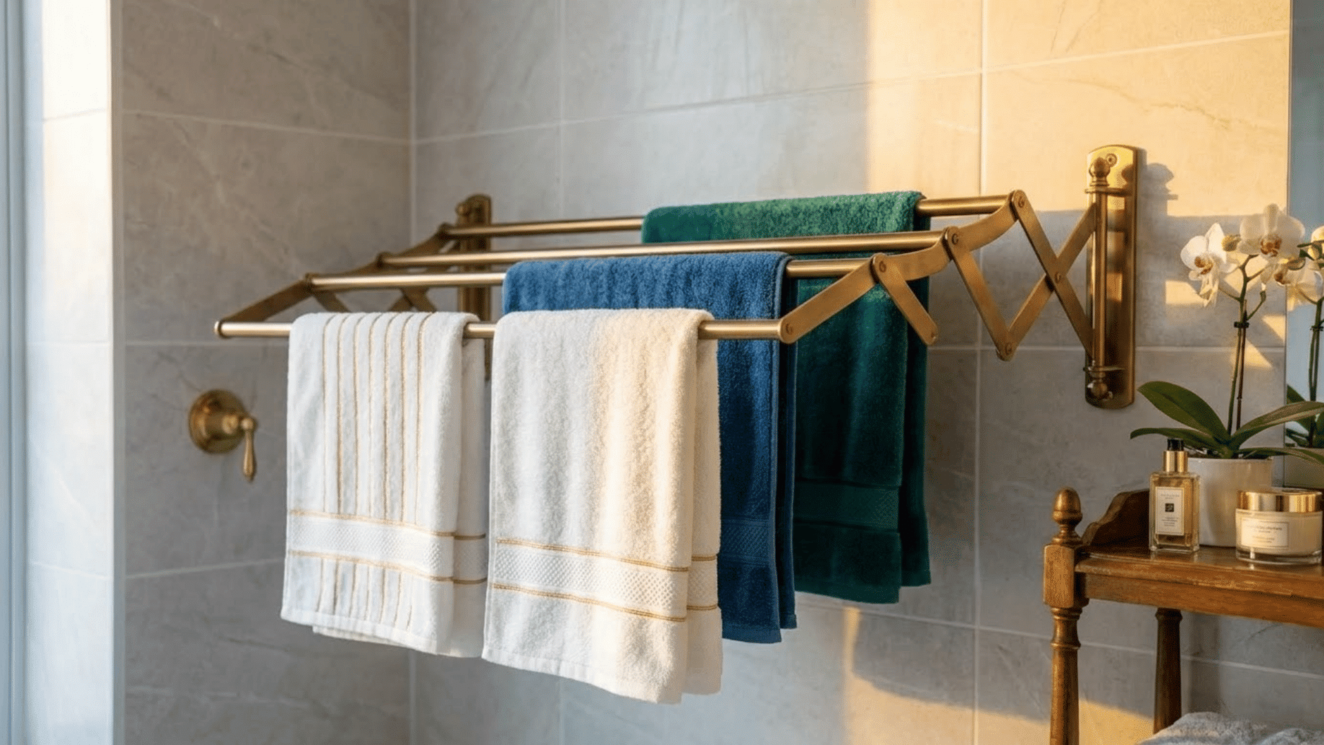 wall-mounted folding towel rack holding white, blue, and green towels in a softly lit bathroom