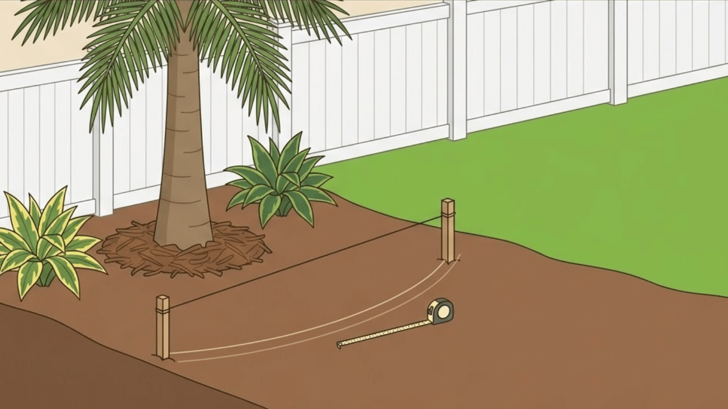 Curved retaining wall location marked with stakes, string, and paint near a palm tree