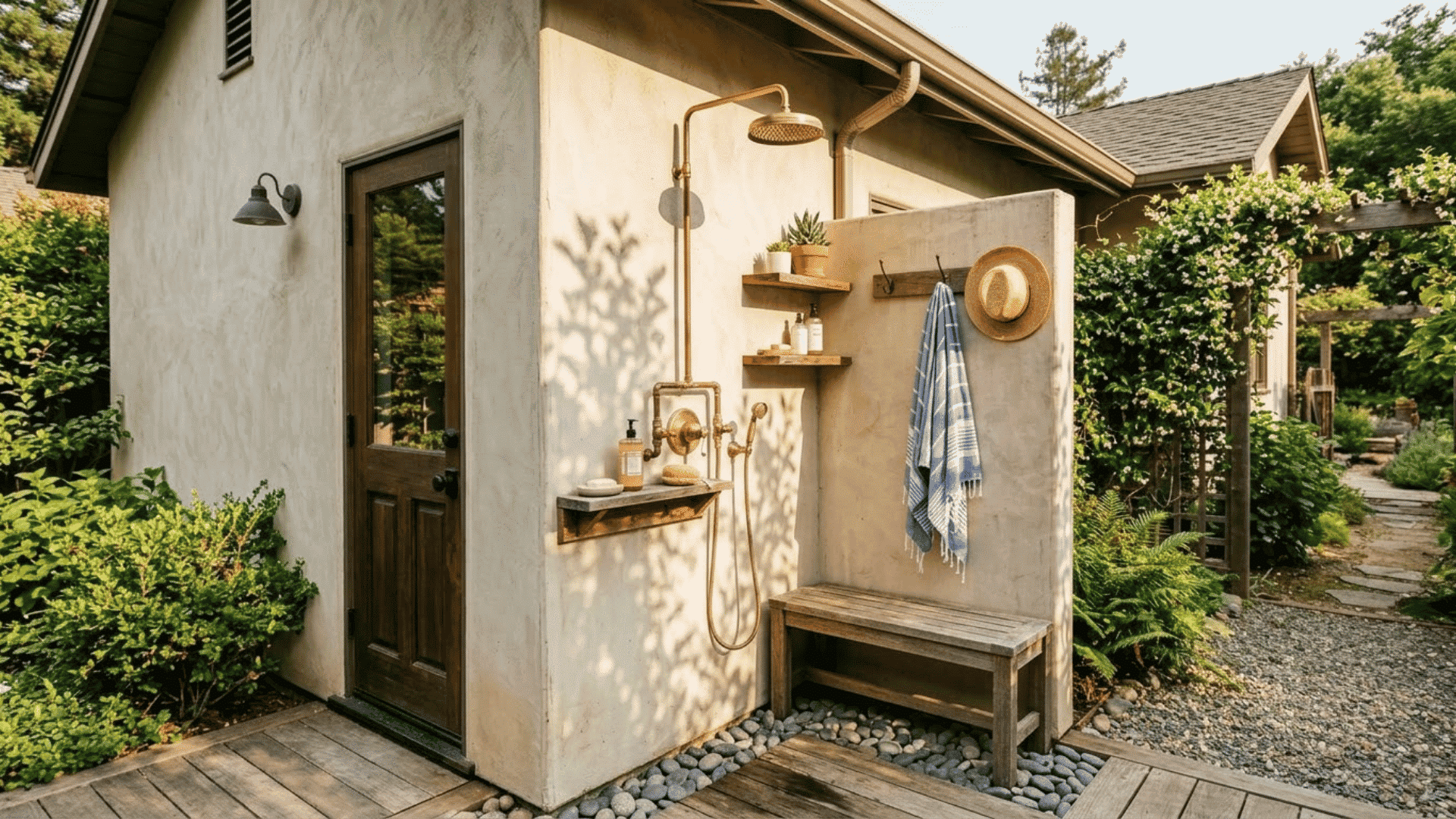 Outdoor shower mounted on a stucco wall with wooden bench, towel, shelves, and garden surroundings.