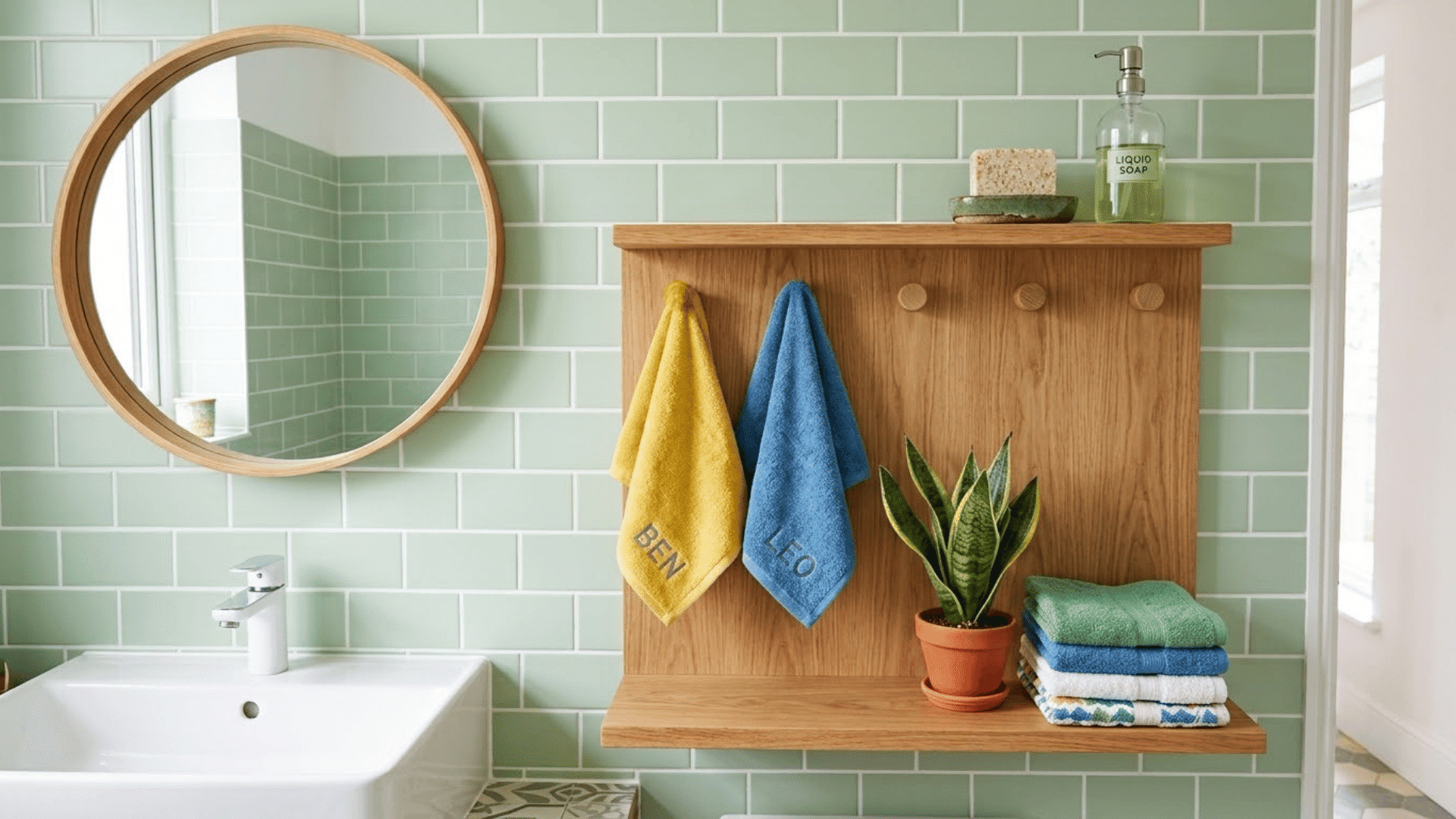wooden wall towel rack with colorful towels, folded linens, and a potted plant in a tiled bathroom