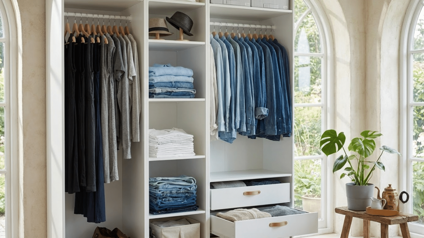 Wall-to-wall IKEA PAX wardrobes with filler panels and trim creating seamless custom bedroom storage