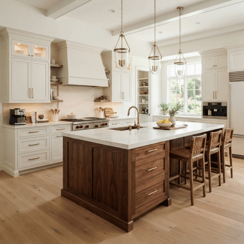 walnut island warm off white cabinets
