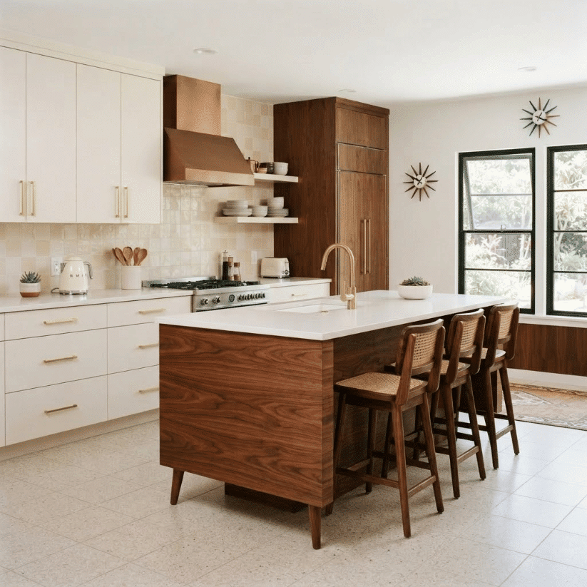 walnut island warm off white perimeter