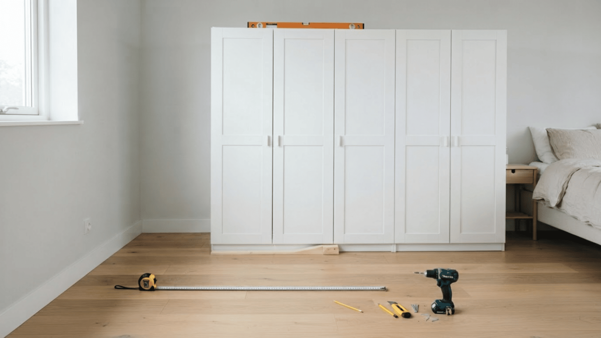IKEA PAX wardrobe units aligned and positioned for proper installation.