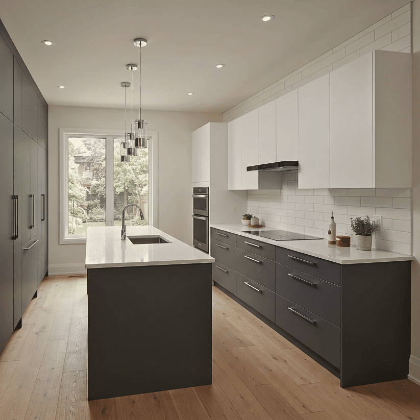 white uppers charcoal base cabinets