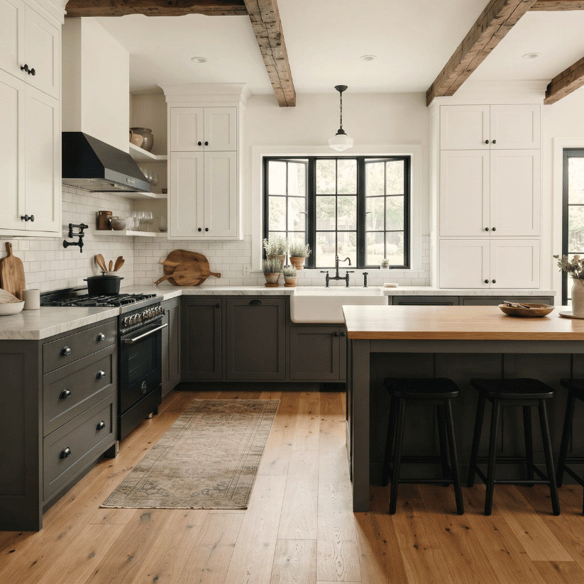 white uppers charcoal base cabinets