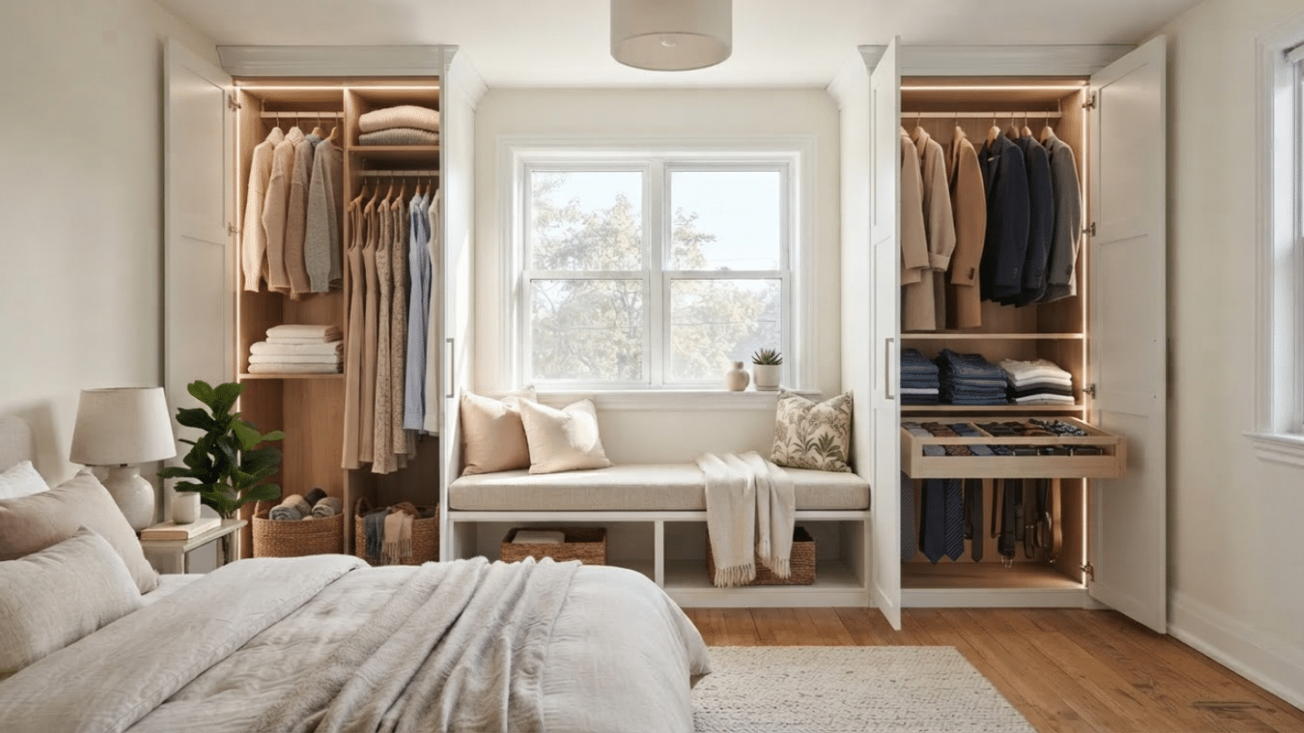 IKEA PAX wardrobes flank a bedroom window with a custom built-in bench and coordinated trim